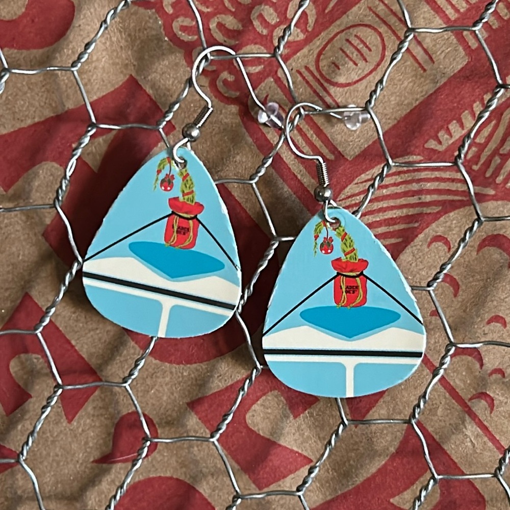 Trader Joe’s earrings guitar pic shaped grump tree with Surf board